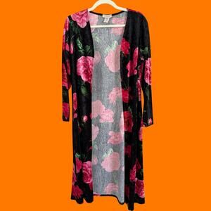 00's vintage crushed velvet rose floral print y2k open duster LARGE beware